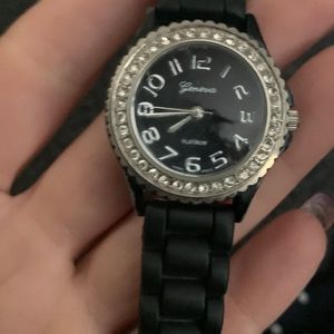 Geneva platinum crystal embellished watch with black rubber bands